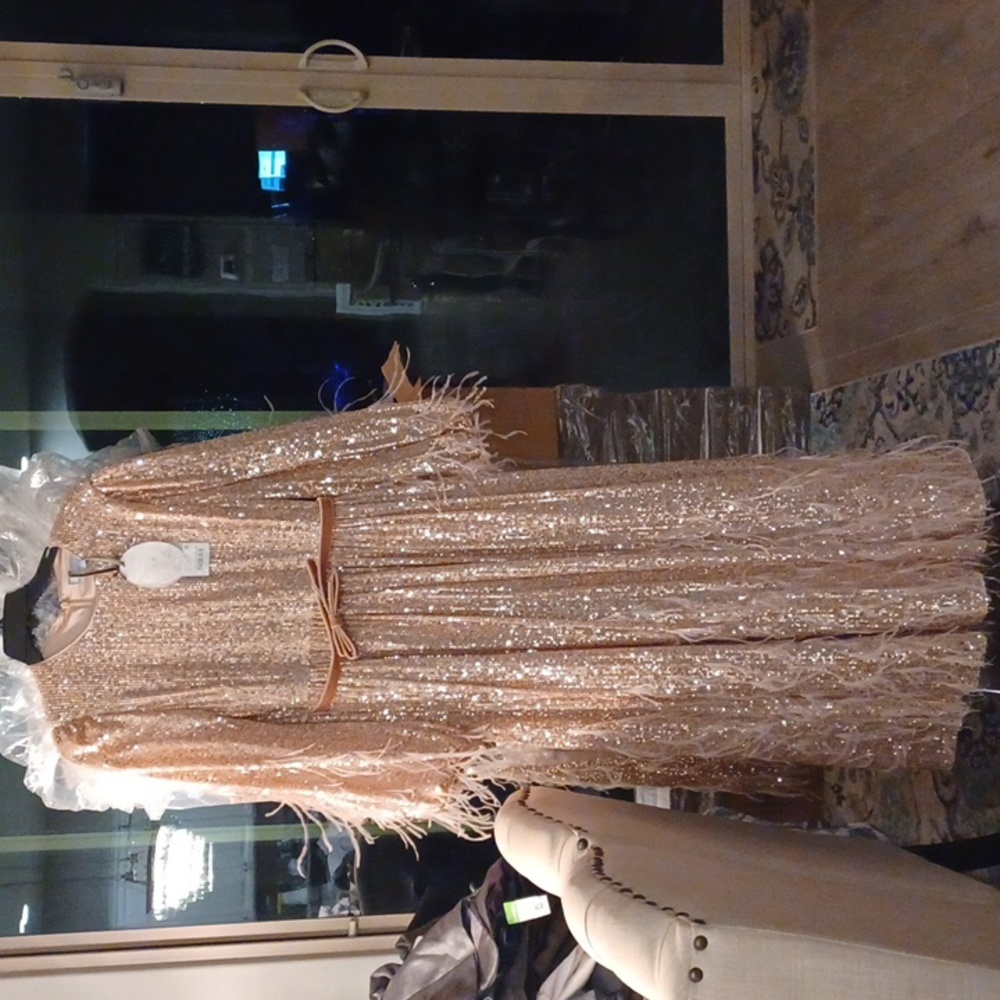 ANTONIO MELANI Gold Sequin Feather Dress